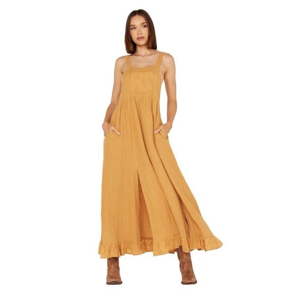 Cleo + Wolf Women's Textured Paisley Eyelet Lace Overall Maxi Dress Mustard L - Picture 1 of 13